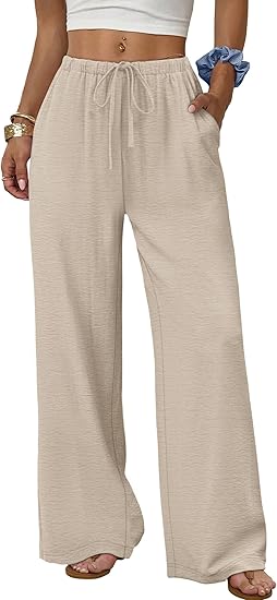Women Flowy Palazzo Drawstring Elastic Waist Trousers with Pockets Summer Beach Vacation Clothes